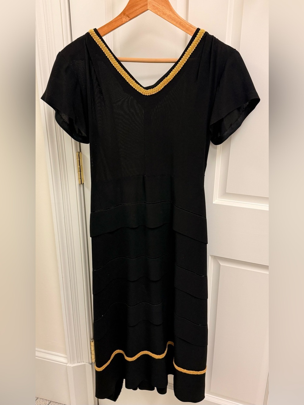 1940’s Vintage Black Crepe Cocktail Back Bustle Bow Gilded Braid Trim Glam - XS